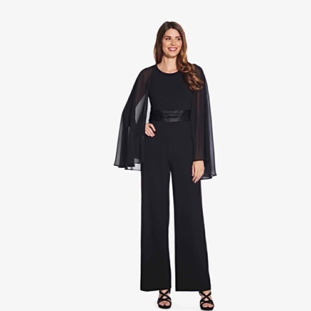 Adrianna Papell black cape jumpsuit with belted waist- size 4 NWT - Picture 1 of 10